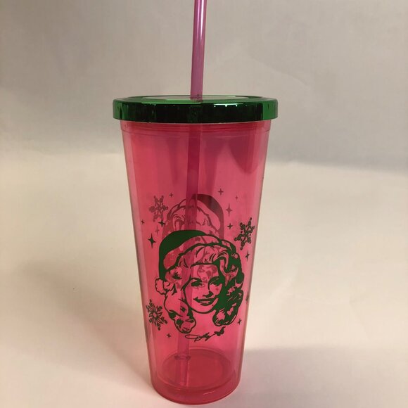 Dolly Parton Christmas 21.5 oz Pink Plastic Tumbler with Straw Green Lid New - Picture 5 of 16